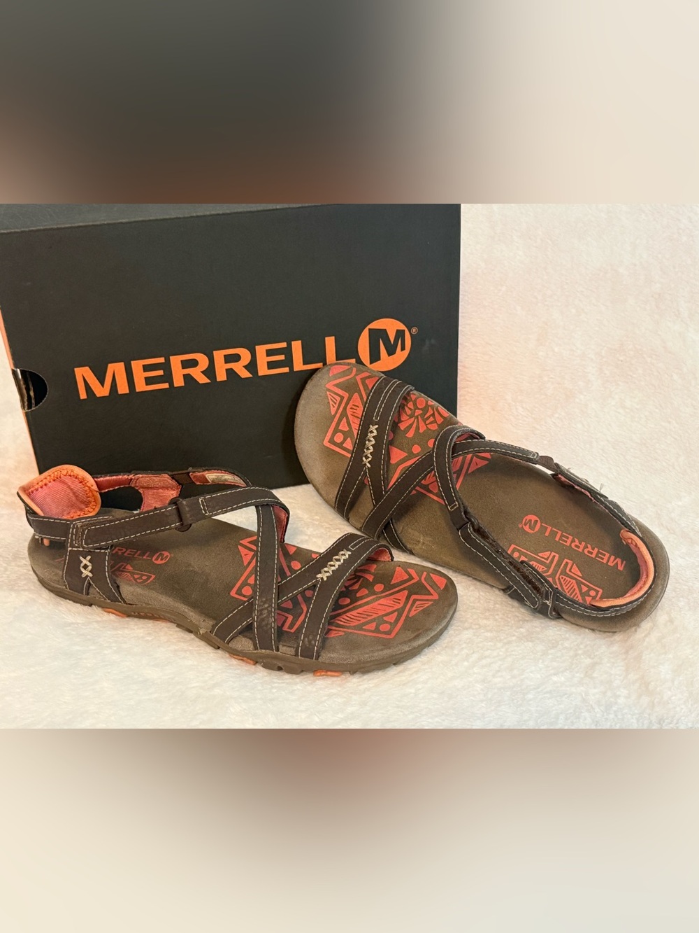 NWT Merrell Sandspur Rose Brown Strappy Adjustable Sport Sandals w/Coral Accents